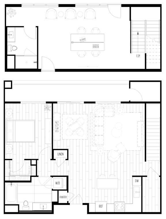 A black and white floor plan of a two-level home with labeled rooms such as "STORAGE," "LINEN," and "KIDS.".